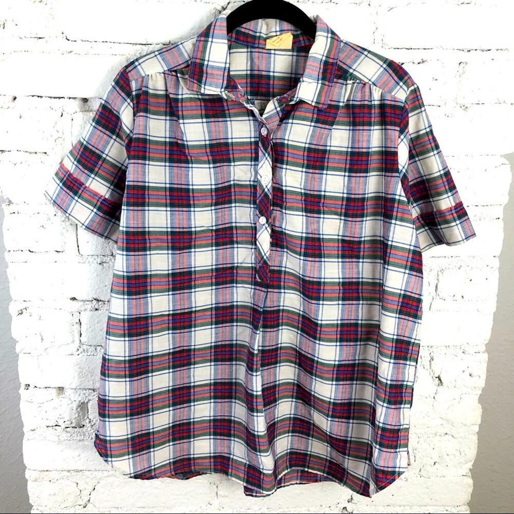 Vintage Shirley Of Atlanta Plaid Half Button Blouse